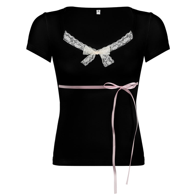 Gentle style lace patchwork bow tie tie square neck top, sweet girl summer outfit slim fit short sleeved T-shirt